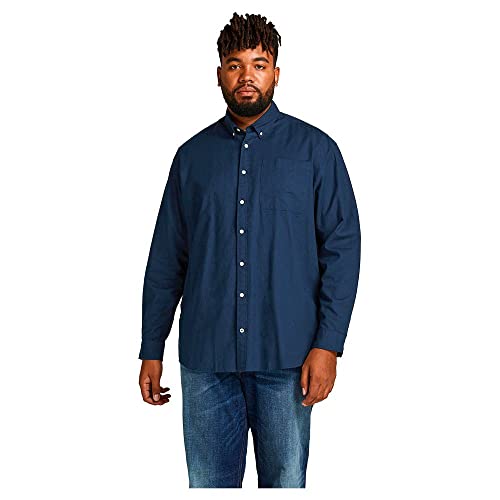 Herren Jack & Jones Einfarbiges Plus Size Hemd | Basic Übergrößen Langarm Shirt | Uni Business JJEOXFORD, Farben:Dunkelblau, Größe Hemd:5XL von JACK & JONES