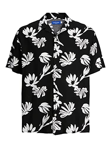 Herren Jack & Jones Florales Kurzarm Hemd Relaxed Fit Shirt Freizeit Sommer Oberteil aus Viskose JORLUKE, Farben:Schwarz-2, Größe:M von JACK & JONES