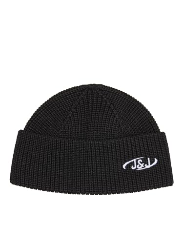 Herren Jack & Jones Gerippte Mütze | Kurze Winter Beanie Kopfbedeckung | Hipster Recycelt JACAIR, Größen:One Size, Farben:Schwarz-2 von JACK & JONES