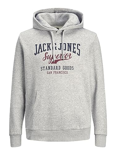 Herren Jack & Jones Warmer Print Hoodie | Logo Sweater Pullover | Basic Kapuzen Sweatshirt JJELOGO, Farben:Hellgrau, Größe Pullover:XS von JACK & JONES