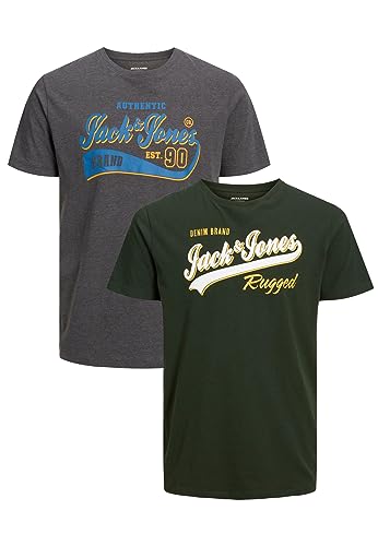 JACK & JONES 2-er Set T-Shirt Logo Print Kurzarm Shirt Rundhals Shortsleeve Übergröße Plus Size JJELOGO, Farben:Grau-Grün, Größe:6XL von JACK & JONES