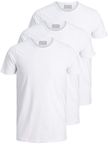 JACK & JONES 3er Pack Herren T-Shirt Basic mit Rundhals einfarbig Slim Fit in weiß schwarz blau grau 12167630 (L, 3er Pack weiß) von JACK & JONES