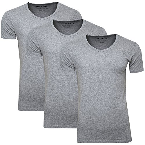 JACK & JONES 3er Set Herren T-Shirt Basic V-Ausschnitt oder Rundhals einfarbig Slim Fit in weiß schwarz blau grau (L, 3er Set V Grau) von JACK & JONES