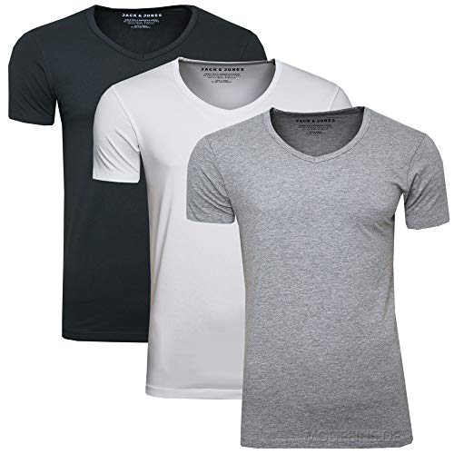 JACK & JONES 3er Set Herren T-Shirt Basic V-Ausschnitt oder Rundhals einfarbig Slim Fit in weiß schwarz blau grau (M, 3er Set V Farbmix) von JACK & JONES