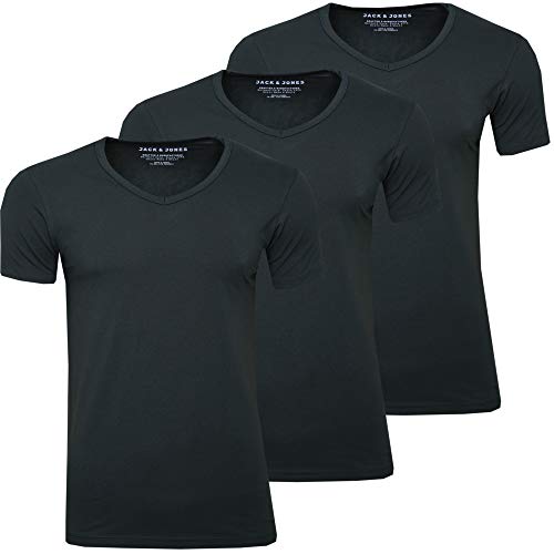 JACK & JONES 3er Set Herren T-Shirt Basic V-Ausschnitt oder Rundhals einfarbig Slim Fit in weiß schwarz blau grau (XL, 3er Set schwarz V) von JACK & JONES