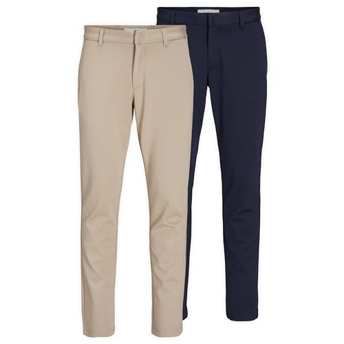 JACK & JONES Chino Hose Herren Slim Fit – 2er Pack Chinohose Männer mit Stretch, Mid Rise, Hakenverschluss – Klassische Herren Hose Lang aus Polyester-Viskose-Mix von JACK & JONES