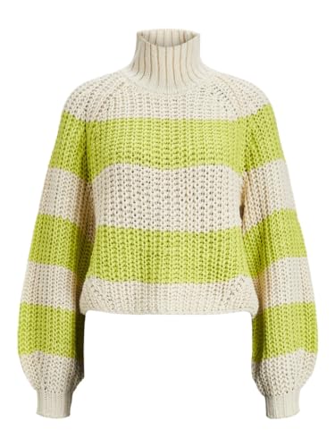 JACK&JONES Damen JXKELVY Chunky Stripe HIGH Neck Knit SN Strickpullover, Bone White/Stripes:Limeade, M von JACK & JONES