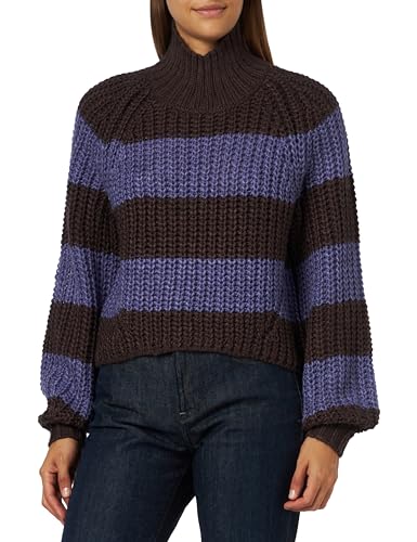 JACK&JONES Damen JXKELVY Chunky Stripe HIGH Neck Knit SN Strickpullover, Twilight Purple/Stripes:Seal Brown, XS von JACK & JONES