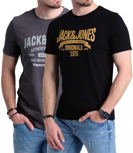 JACK & JONES Herren 2er-Set T-Shirts aus Baumwolle, Multi-Pack (Asph.W Authentic/Black.gelb) L-6 von JACK & JONES