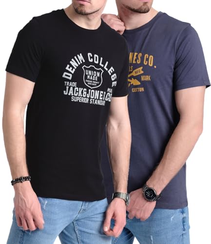 JACK & JONES Herren 2er-Set T-Shirts aus Baumwolle, Multi-Pack (BlackUNION/Navy.Gelb Pfeil) L-2 von JACK & JONES