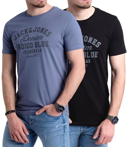 JACK & JONES Herren 2er-Set T-Shirts aus Baumwolle, Multi-Pack (China Indigo/Black Indigo) M-4 von JACK & JONES