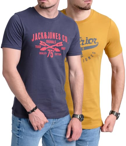 JACK & JONES Herren 2er-Set T-Shirts aus Baumwolle, Multi-Pack (Gelb/Navy) XXL-5 von JACK & JONES
