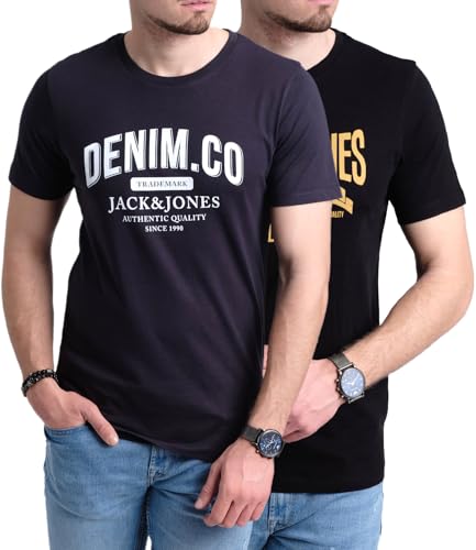 JACK & JONES Herren 2er-Set T-Shirts aus Baumwolle, Multi-Pack (NavyDENIM/Black.Gelb) XXL-1 von JACK & JONES