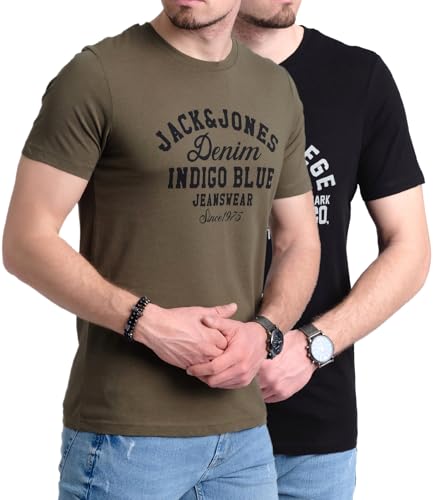 JACK & JONES Herren 2er-Set T-Shirts aus Baumwolle, Multi-Pack (Olive/Black Union) L-8 von JACK & JONES