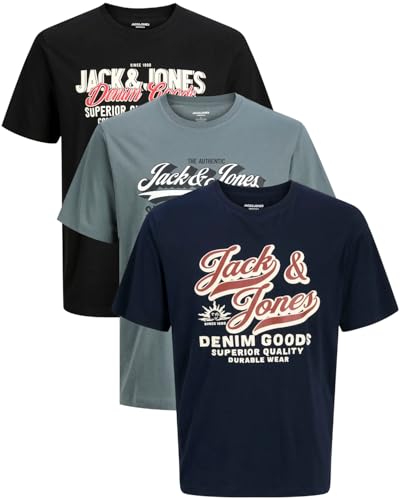 JACK & JONES Herren 3er-Set T-Shirts aus Baumwolle (Regular Fit Mix 27, 535 SkyCapt. / StormyW. / Black S) von JACK & JONES