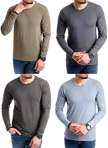 JACK & JONES Herren 4er Pack Basic Langarm Shirt Longsleeve Sweatshirt O-Neck Rundhals Weiß Schwarz Blau Grau (4er Pack Mix 10 (JJ L/S Olive/Slate/D.Grey/Faded, XXL)) von JACK & JONES