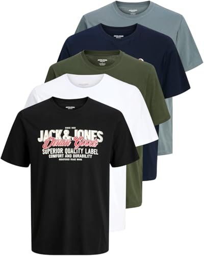 JACK & JONES Herren 5er-Set T-Shirts in verschiedenen Styles, Prints und Farben aus Baumwolle (Regular Fit Mix 13, XL) von JACK & JONES