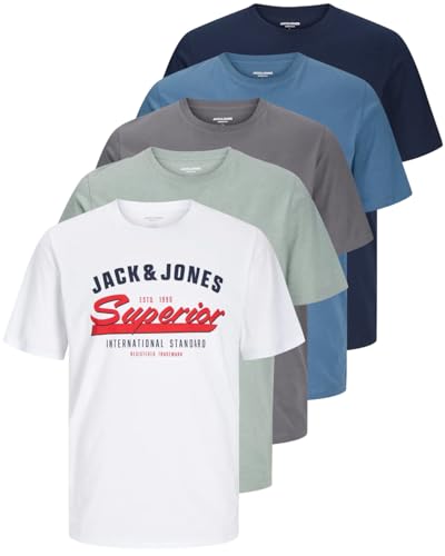 JACK & JONES Herren 5er-Set T-Shirts in verschiedenen Styles, Prints und Farben aus Baumwolle (Regular Fit Mix 8, XXL) von JACK & JONES