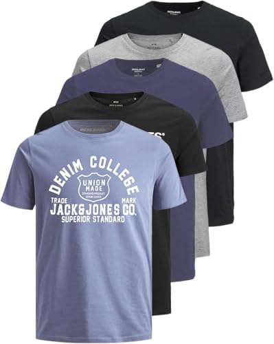 JACK & JONES Herren 5er-Set T-Shirts in verschiedenen Styles, Prints und Farben aus Baumwolle (Slim Fit Mix 13, XXL) von JACK & JONES