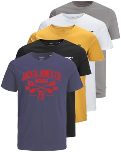 JACK & JONES Herren 5er-Set T-Shirts in verschiedenen Styles, Prints und Farben aus Baumwolle (Slim Fit Mix 14, XXL) von JACK & JONES