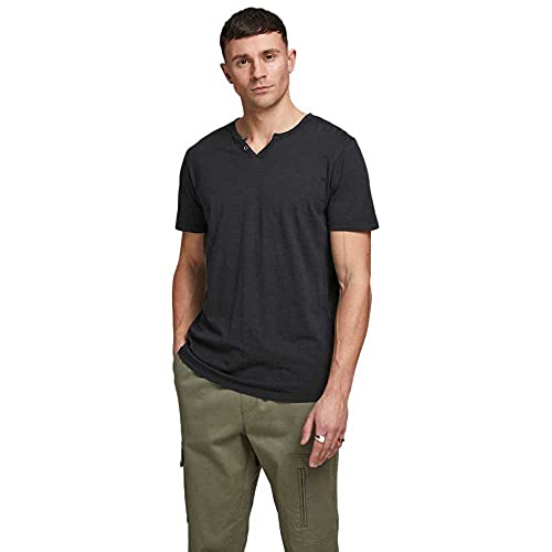 JACK & JONES Herren Basic T-Shirt V-Ausschnitt Kurzarm Jersey Baumwolle Shirt mit Knöpfen JJESPLIT, Farben:Schwarz, Größe:L von JACK & JONES