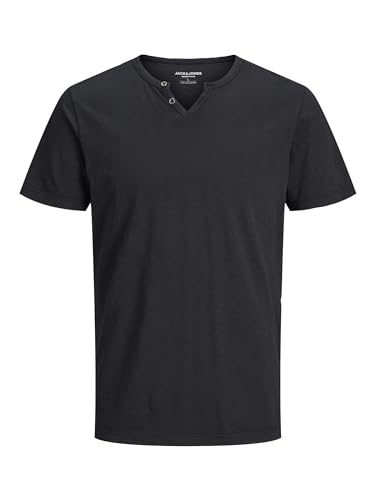 JACK & JONES Herren Basic T-Shirt V-Ausschnitt Kurzarm Jersey Baumwolle Shirt mit Knöpfen JJESPLIT, Farben:Schwarz, Größe:XL von JACK & JONES
