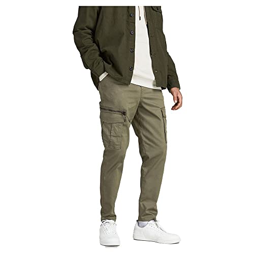 Herren Jack & Jones Cargo Chino Hose JPSTACE JJDEX Stretch Pants Gerader Schnitt Arbeitshosen Look, Farben:Olive, Größe Hosen:33W / 30L von JACK & JONES