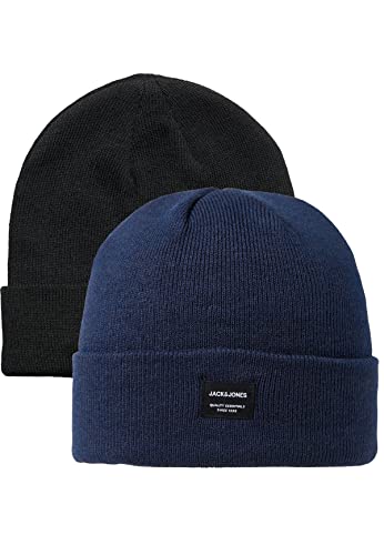 JACK & JONES Herren Gerippte Strickmütze 2-er Stück Pack Kopfbedeckung Beanie Hipster Cuff Set JACDNA, Größen:One Size, Farben:Schwarz-Blau von JACK & JONES