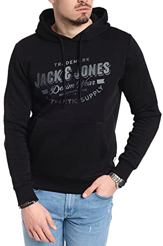 JACK & JONES Herren Hoodie Pullover mit Kapuze Sweatshirt Kapuzenpullover für Männer aus Baumwolle mit Logo/Auswahl an Designs und Farben (Black Corvin/605 XL) von JACK & JONES