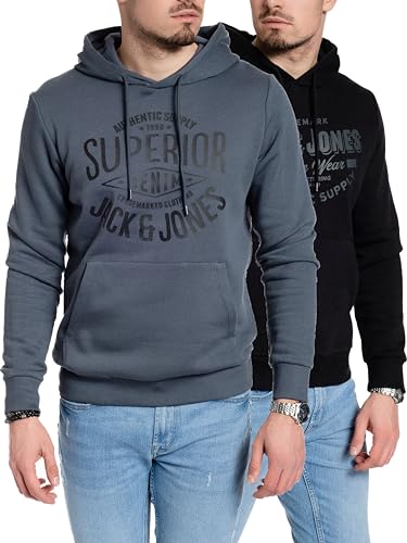 JACK & JONES Herren Hoodie Pullover mit Kapuze Sweatshirt Kapuzenpullover für Männer aus Baumwolle mit Logo/Auswahl an Designs und Farben (Doppelpack Hood 10 (Corvin Slate/Corvin Black, S)) von JACK & JONES