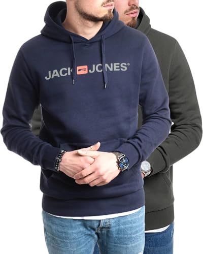 JACK & JONES Herren Hoodie Pullover mit Kapuze Sweatshirt Kapuzenpullover für Männer aus Baumwolle mit Logo/Auswahl an Designs und Farben (Doppelpack Hood 16 (054 NavyG/054 RavenW, M)) von JACK & JONES