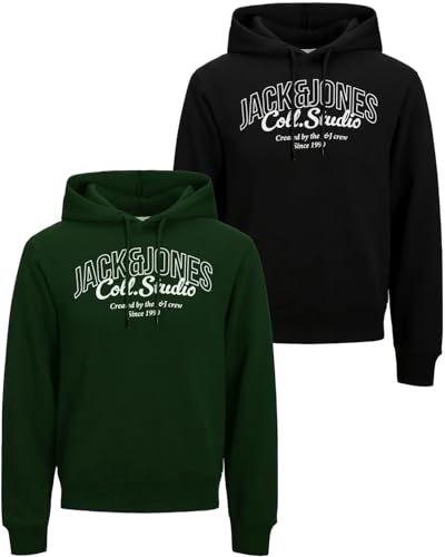 JACK & JONES Herren Hoodie Pullover mit Kapuze Sweatshirt Kapuzenpullover für Männer aus Baumwolle mit Logo/Auswahl an Designs und Farben (Doppelpack Hood 18 (606 DuffelBag/Black, XXL)) von JACK & JONES