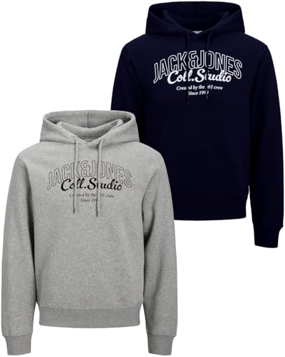 JACK & JONES Herren Hoodie Pullover mit Kapuze Sweatshirt Kapuzenpullover für Männer aus Baumwolle mit Logo/Auswahl an Designs und Farben (Doppelpack Hood 19 (606 LightGrey/SkyCapt, L)) von JACK & JONES