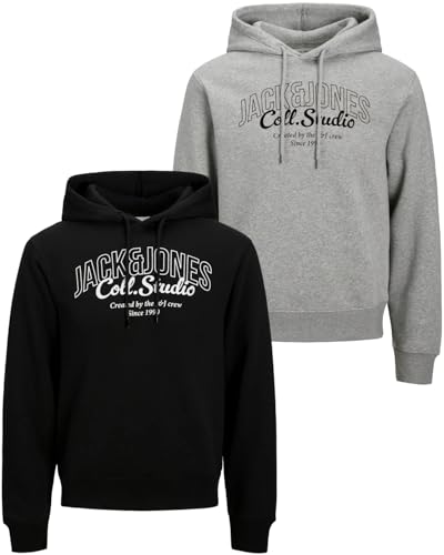 JACK & JONES Herren Hoodie Pullover mit Kapuze Sweatshirt Kapuzenpullover für Männer aus Baumwolle mit Logo/Auswahl an Designs und Farben (Doppelpack Hood 20 (606 Black/LightGrey, M)) von JACK & JONES