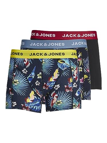 JACK & JONES Herren Jacflower Bird Trunks Pack of 3 Noos Boxershorts, Surf The Web/Detail:black - Black, XL EU von JACK & JONES