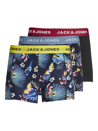 JACK & JONES Herren Jacflower Bird Trunks Pack of 3 Noos Boxershorts, Surf The Web/Detail:Black - Black, XL EU von JACK & JONES