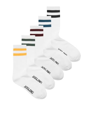 JACK&JONES Herren JACSTRIPE Tennis Socks 5 Pack Tennissocken, White/Pack:White-White-White-White, One Size von JACK & JONES