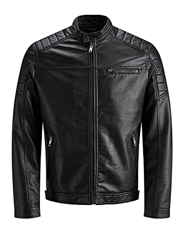 Herren Jack & Jones Kunstleder Jacke | Biker Blouson Bomberjacke JJEROCKY | Design Coat Übergangsjacke, Farben:Schwarz-2, Größe Jacken:XL von JACK & JONES