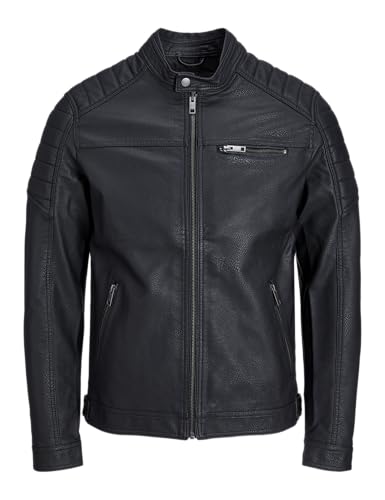 Herren Jack & Jones Kunstleder Jacke | Biker Blouson Bomberjacke JJEROCKY | Design Coat Übergangsjacke, Farben:Schwarz-2, Größe Jacken:XL von JACK & JONES