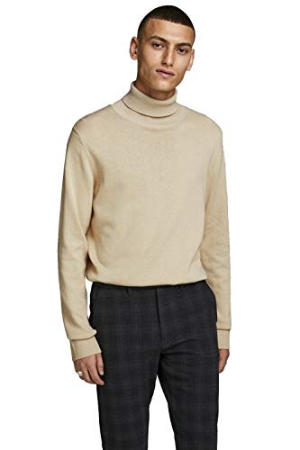 Herren Jack & Jones Dünner Rollkragen Strickpullover | Klassischer Rundhals Sweater | Langarm Basic JJEEMIL, Farben:Beige, Größe Pullover:S von JACK & JONES