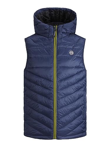 JACK&JONES Herren JJEHERO Bodywarmer Hood Weste, Navy Blazer/Detail:Safety Yellow Contrast Zip, L von JACK & JONES