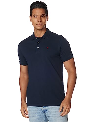 JACK & JONES Herren Slim Fit Polo Shirt JJEPAULOS Uni Sommer Hemd Kragen Kurz Arm Basic Pique Cotton, Farben:Dunkelblau-2, Größe:L von JACK & JONES