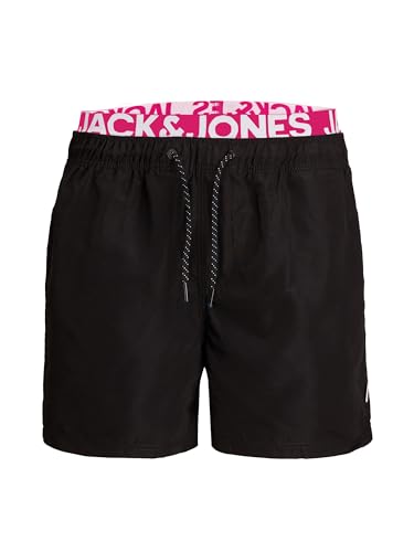 JACK & JONES Herren JPSTARUBA JJSWIMSHORTS AKM DB WB, Badehose, Badeshorts, Black/PINK GIO Logo White, L von JACK & JONES