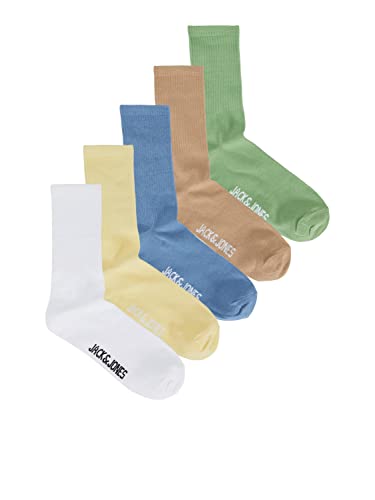 JACK & JONES Herren Jacroman Tennis 5 Pack Socken, White/Pack:Silver Lake Blue-Absinthe Green-Crockery-Pastel Yellow, ONE Size von JACK & JONES