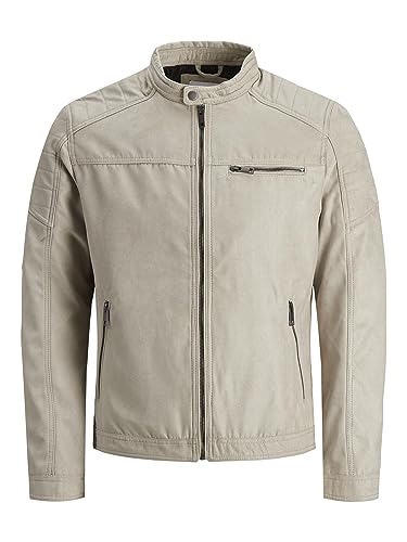 JACK & JONES Herren Kunstleder Jacke | Biker Blouson Bomberjacke JJEROCKY | Design Coat Übergangsjacke, Farben:Beige, Größe Jacken:XS von JACK & JONES