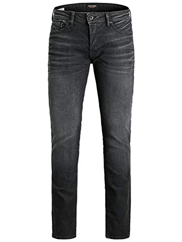 Herren Jack & Jones Jeans Slim Fit Flat Front JJITIM JJORIGINAL Denim Stretch Hose mit Knöpfen, Farben:Dunkelgrau, Größe Jeans:28W / 30L von JACK & JONES