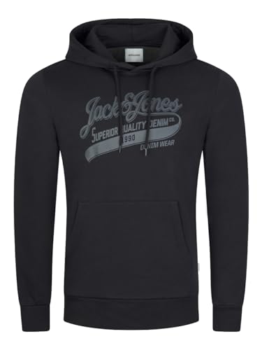 JACK & JONES Herren Kapuzenpullover JJEADRIAN Hoodie Sweatshirt Pullover Kapuze Kängurutaschen Regular Fit Baumwolle Print Schwarz XXL, Größe:XXL, Farbe:Black (Superior) von JACK & JONES