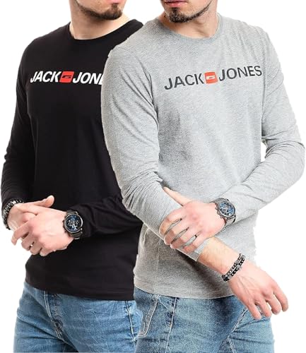 JACK & JONES Herren Langarmshirt aus Baumwolle – Longsleeve Männer – T-Shirt mit Langen Ärmeln aus Baumwolle - einzeln und Multipack (LS Corp L.Grey+Corp Black) XXL von JACK & JONES