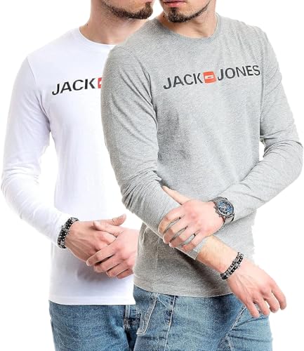 JACK & JONES Herren Langarmshirt aus Baumwolle – Longsleeve Männer – T-Shirt mit Langen Ärmeln aus Baumwolle - einzeln und Multipack (LS Corp L.Grey+Corp White) 3XL von JACK & JONES