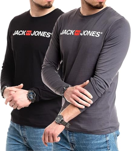 JACK & JONES Herren Langarmshirt aus Baumwolle – Longsleeve Männer – T-Shirt mit Langen Ärmeln aus Baumwolle - einzeln und Multipack (LS 2-Mix 9 - S)(2-Mix Corp L/S Slate/Corp L/S Black - S) von JACK & JONES